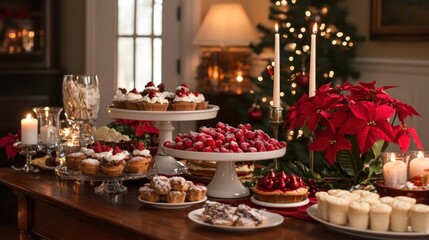 Naklejka premium A charming table display showcasing Christmas treats, candles, and seasonal decorations, creating a cozy atmosphere for gatherings.