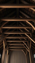 Wooden beam structure with exposed dark wood studs, industrial decor, dark wood, warehouse interior