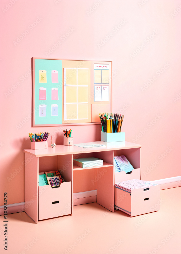 Poster Walk into a prepared classroom with a visually appealing display of stationery and educational materials on a pastel pink background.
