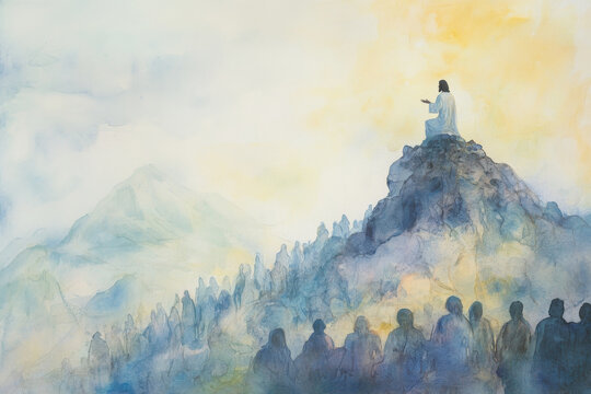 Jesus on a mountain, delivering the Beatitudes to a crowd below. The watercolor uses soft pastel blues and yellows to evoke calmness, divine teachings, and hope.