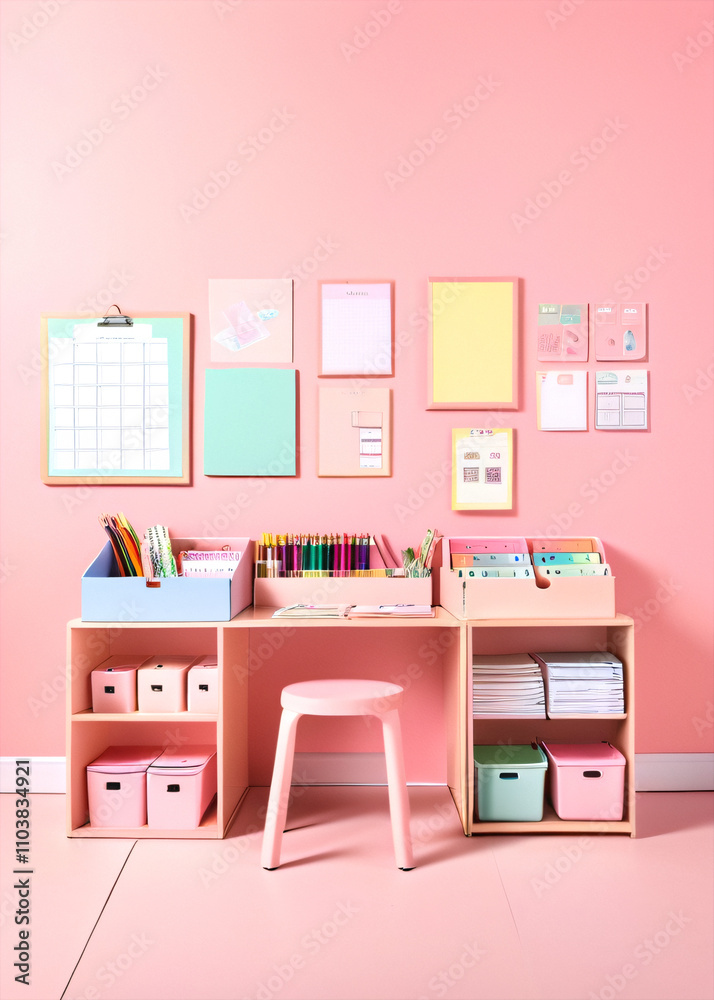 Poster Walk into a prepared classroom with a visually appealing display of stationery and educational materials on a pastel pink background.