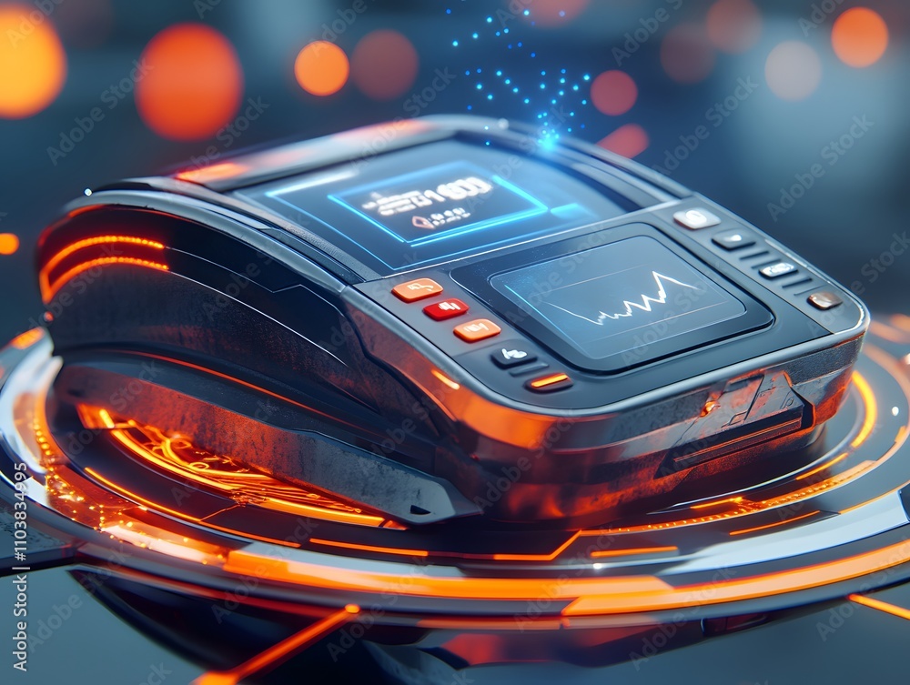 Poster a futuristic payment device with a sleek design and glowing elements, showcasing data visualization.