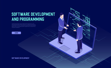 Programming and software development, with program code displayed on a laptop screen, showcasing big data processing and computing, featuring two businessmen and a team leader in an isometric style