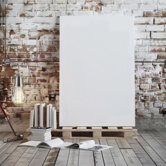 Blank canvas mockup on a pallet in a rustic setting with a lightbulb and stacked books
