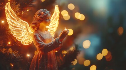 Heavenly Glow: Close-Up of Neon Angel Among Christmas Decorations Bathed in Warm Natural Light