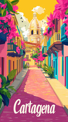 A colorful, flat vector-style poster of Cartagena, Colombia. Highlight the walled city with its vibrant colonial buildings, cobblestone streets, and bougainvillea flowers. 