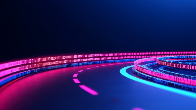 In the concept of cyber global communication and coding, digital data flows on a road, depicted with a graphic that conveys fast transfer speeds, showcasing agile digital transformation and