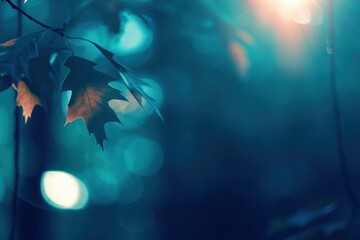 Autumn Leaves with Moody Teal Bokeh Background