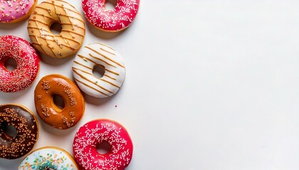 Glazed donuts template on flat lay white background with blank space