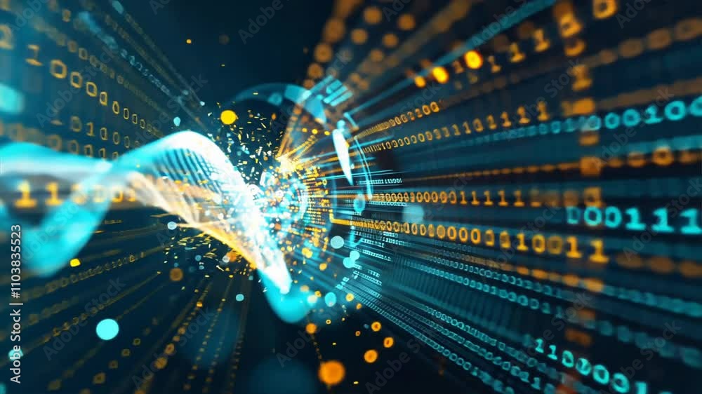 Poster dynamic visualization of digital data flow glowing particles and binary code representing technology