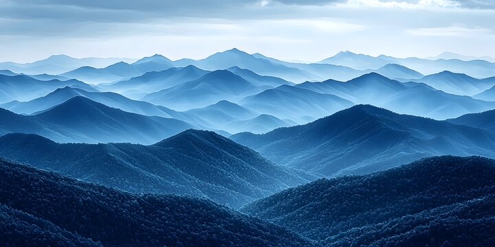 A breathtaking view of layered blue mountains fading into the distance, showcasing the beauty of nature with soft, misty hues and a serene atmosphere.