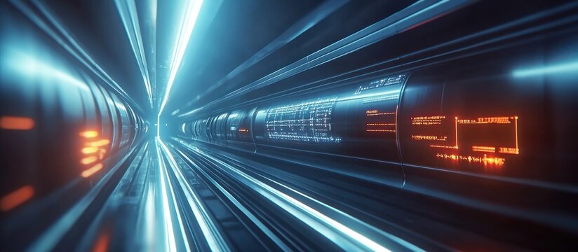 Futuristic transportation system with glowing digital displays speeding through a dark tunnel.