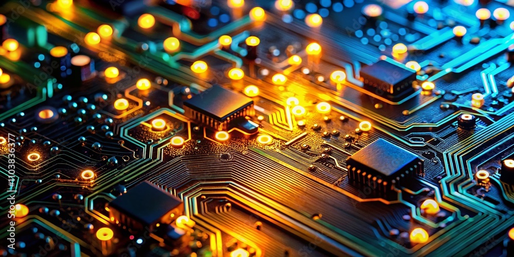Poster stunning circuit board close-up with illuminated components in a dark setting showcasing advanced te
