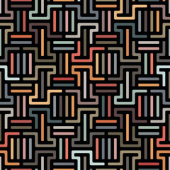 Seamless repeating pattern with an abstract geometric maze of multicolored lines on a black background. Ethini modern style. Vector illustration.