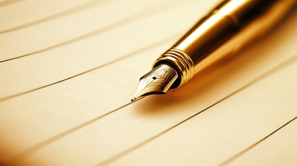 Golden fountain pen on lined paper, close-up