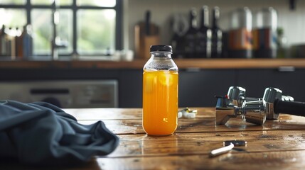 Obraz premium Closeup of a vibrant orange juice bottle on a wooden table surrounded by fitness accessories such as dumbbells The image conveys a healthy wellness focused lifestyle with a minimalist modern style