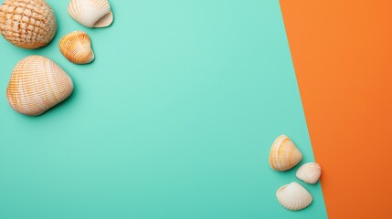 A collection of various seashells arranged on a vibrant turquoise and orange background, creating a fresh coastal aesthetic.