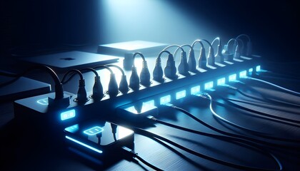 Fototapeta premium A stylized image of interconnected technological components glowing blue. 