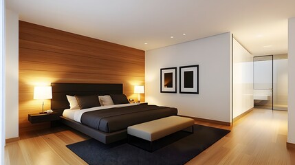 Elegant minimalist bedroom with warm tones, a cozy bed, a functional bench at the bed end, and a calm ambiance created by soft lighting