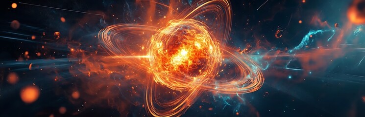Obraz premium Wide-angle, glowing depiction of an atom, with swirling energy and particles, representing the dynamic power