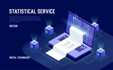 Electron bill, billing system, online payment, financial report concept, biing system, program code, and laptop showcased in a neon dark isometric vector style