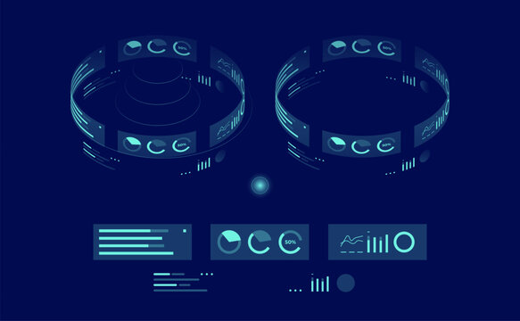 graphic chart set, business analytics concept, big data processing icon, virtual reality interface, server room admin administrator, isometric illustration vector neon dark, Hologram