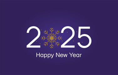 2025 happy new year. White number with golden snowflake on the dark blue background. New Year greeting template for social media and typography. Holidays concept.