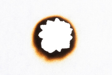 Burned hole on a white paper background