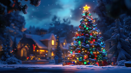 Christmas tree covered in colorful baubles and lights, set against a snow-dusted, vibrant winter scene