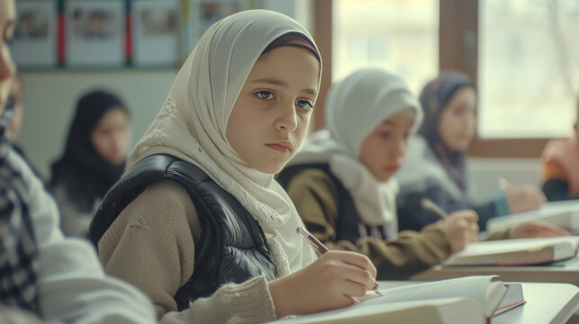 A student in a hijab is seen sitting in class, writing in books along with other students.