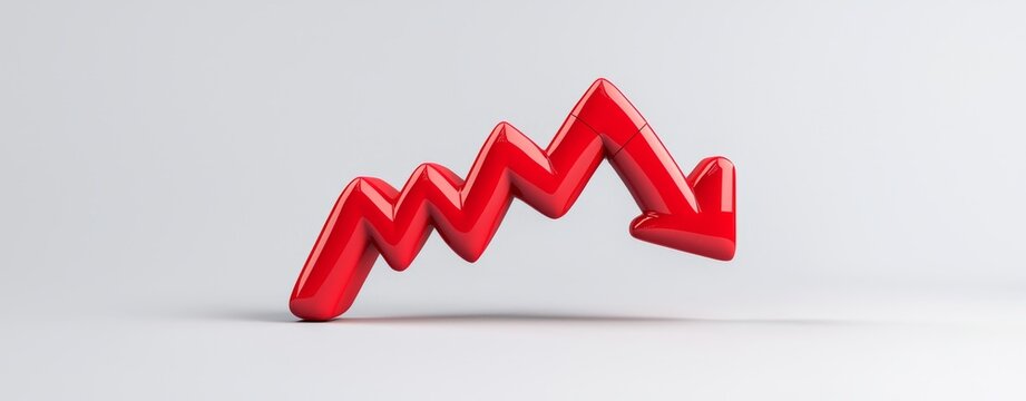 A downward-pointing red arrow on a three-dimensional bar chart illustrating a decline in the economy.
