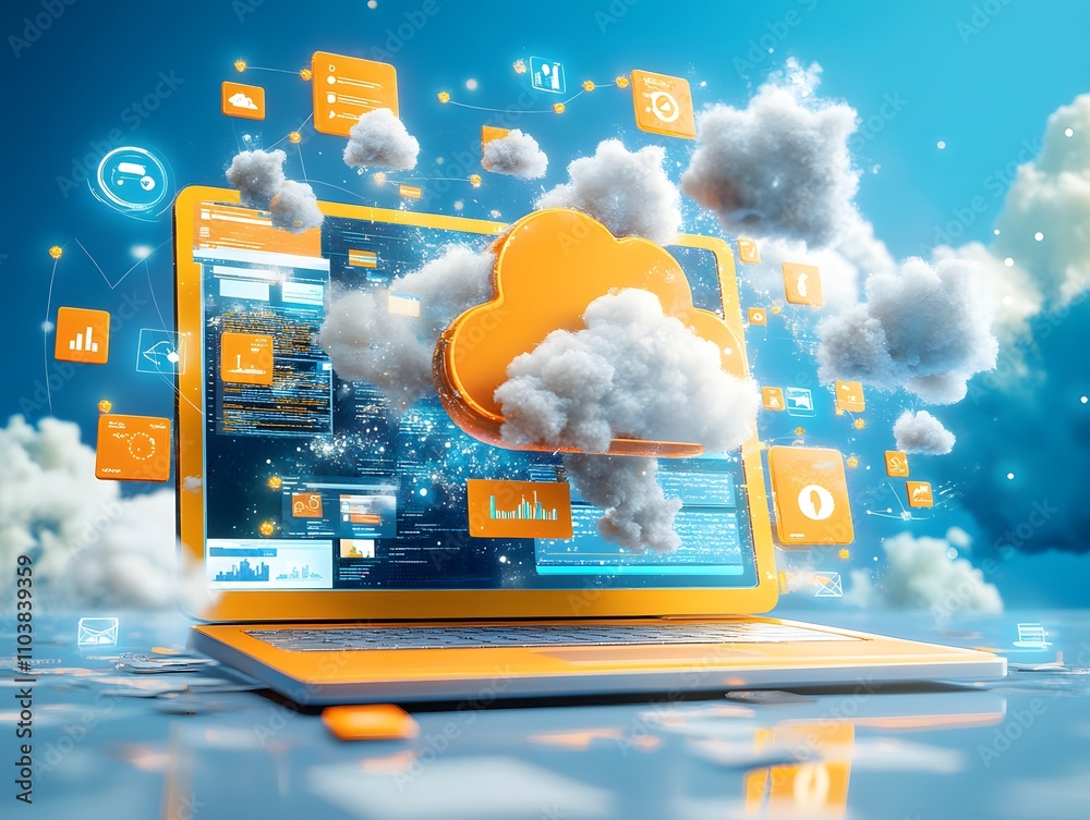 Poster a laptop displaying a cloud computing concept with data and analytics visualizations.