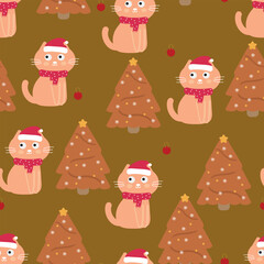Seamless pattern cartoon cat and tree christmas. cute christmas and winter wallpaper for fabric print, gift wrap paper