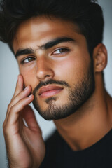 Obraz premium A young Arabian man confidently touching his cheek with a thoughtful expression, emphasizing his clear and healthy skin in a modern, professional setting