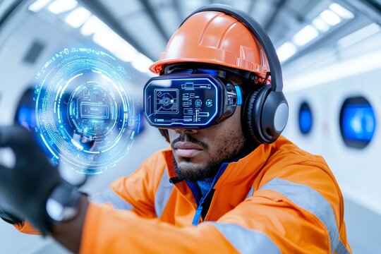 Wearing advanced protective gear, a futuristic construction worker uses holographic controls on a floating platform suspended over a hyperloop transit system.