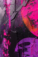 Fototapeta premium Close-up graffiti on a wall features neon pink and purple brush strokes, presenting an abstract, vivid, and bright perspective.