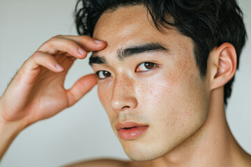 Obraz premium A Japanese young adult man with fresh, dewy skin, lightly brushing his fingers along his temple, emphasizing daily facial care in a contemporary, well-lit studio setup