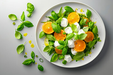 A white plate topped with oranges and mozzarella cheese