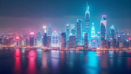 Obraz premium A futuristic city skyline with multiple glowing 5G communication towers and digital signals.