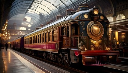 Obraz premium A vintage steam locomotive, adorned with gold and intricate details, stands on a railway platform.