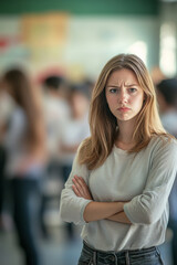 Obraz premium A Caucasian young teacher woman standing in front of an unruly classroom, arms crossed with a frustrated expression, while students are blurred in motion behind her