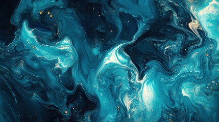Obraz premium Abstract swirling teal and blue paint with gold flecks.