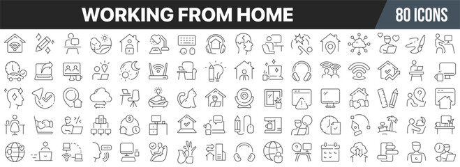 Fototapeta premium Working from home line icons collection. Big UI icon set in a flat design. Thin outline icons pack. Vector illustration EPS10