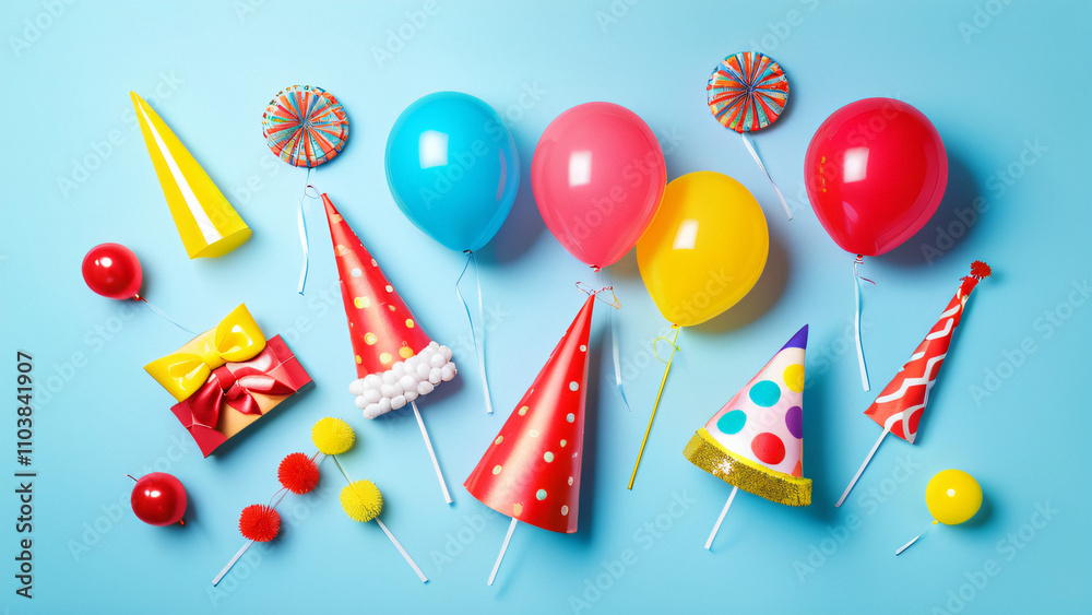 Poster vibrant flat lay image showcases colorful party props and decorations against a light blue backgroun