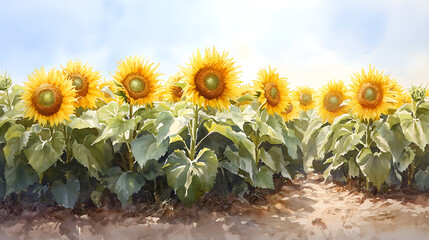 Obraz premium vibrant sunflower field stretches under bright sky, showcasing golden blooms and lush green leaves. scene evokes sense of warmth and tranquility