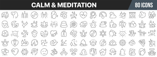 Calm and meditation line icons collection. Big UI icon set in a flat design. Thin outline icons pack. Vector illustration EPS10