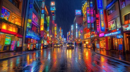 Vibrant nightlife in a bustling city street, reflecting the colorful neon lights on the wet pavement.