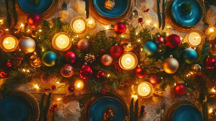 Decorative holiday table with candles, pine branches, and colorful baubles, creating a festive and cozy Christmas vibe