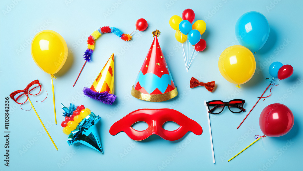 Poster vibrant flat lay image showcases colorful party props and decorations against a light blue backgroun