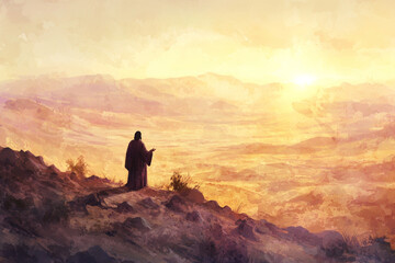 Fototapeta premium A digital watercolor scene of Jesus teaching on a hill in Judea, with the vast desert landscape stretching out below. The soft light of the setting sun bathes the scene in warm tones, creating a sense